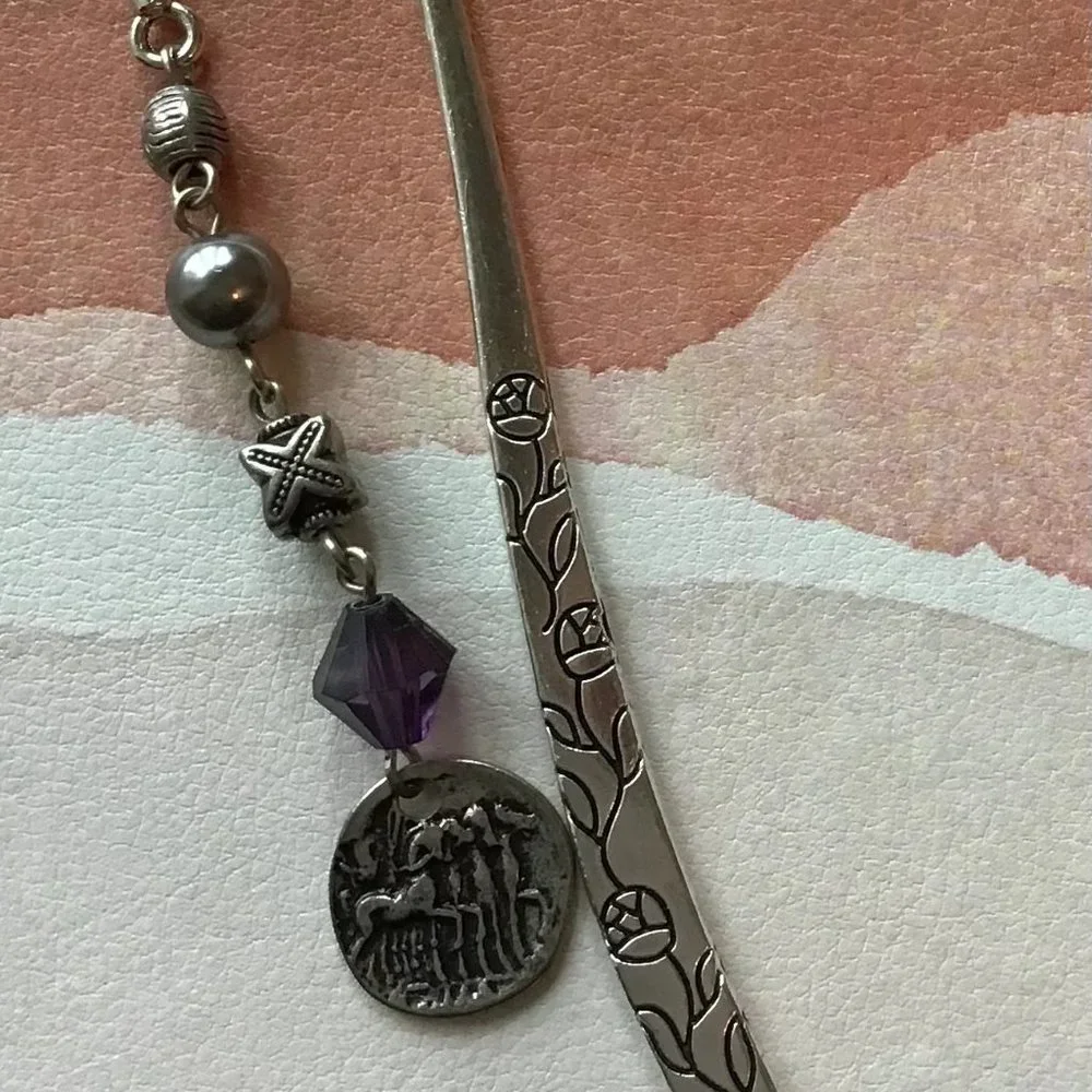 Tibetan Metal Bookmark Flower Engraved - Silver -‎ Purple Beads